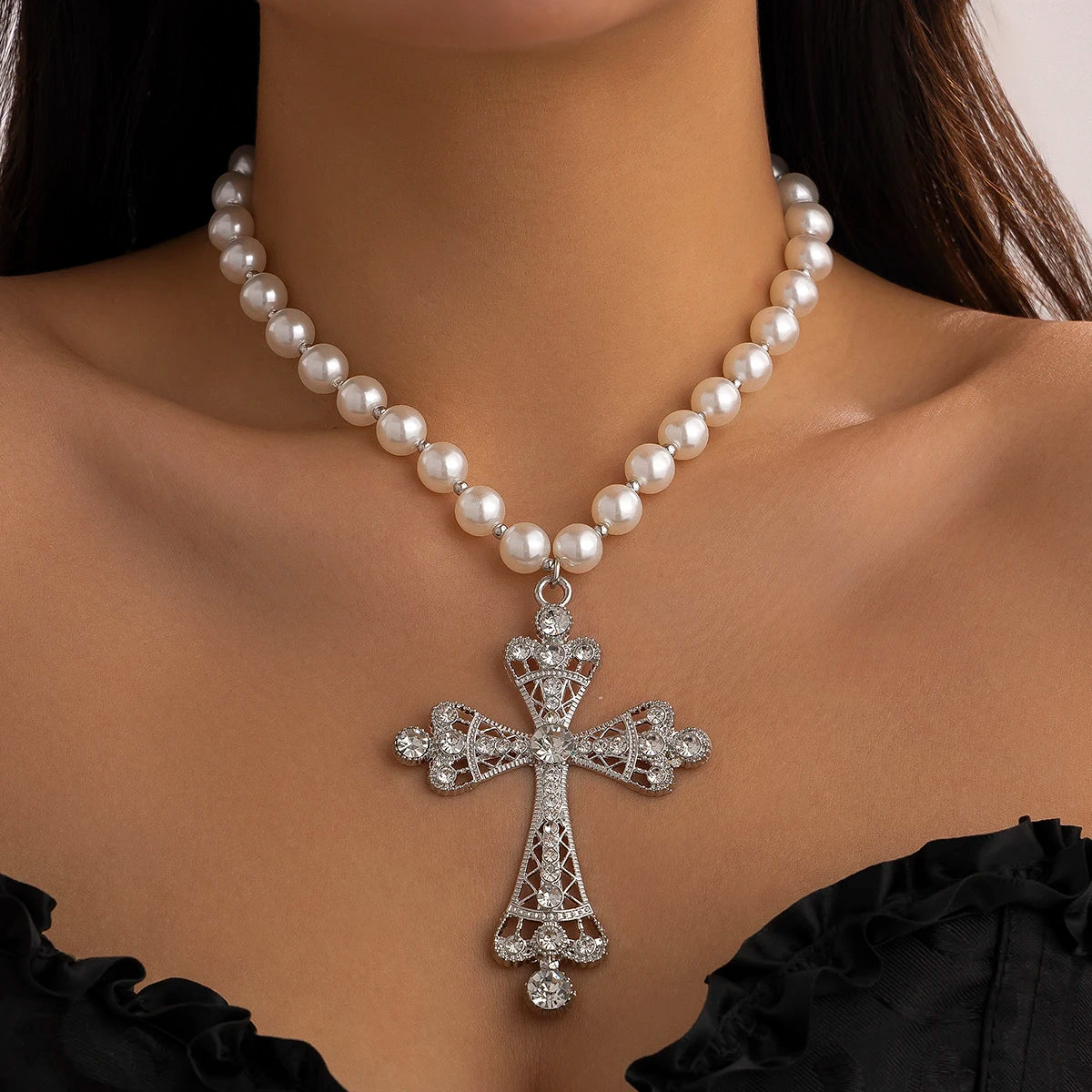 IngeSight.Z Trendy Goth Large Cross Pendant Necklace Elegant Charming Imitation Pearl Woman Choker Y2K Neck Jewelry