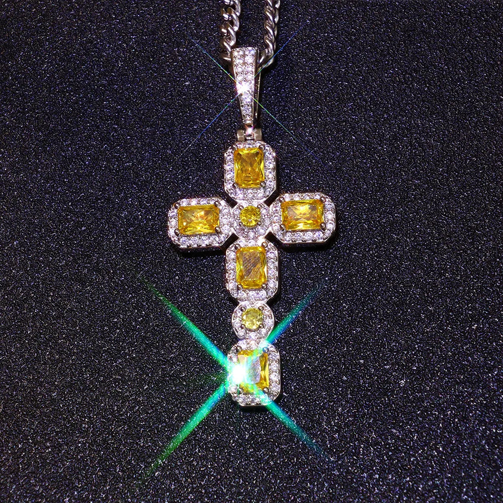 Cross Pendant Necklace Iced Out Yellow CZ