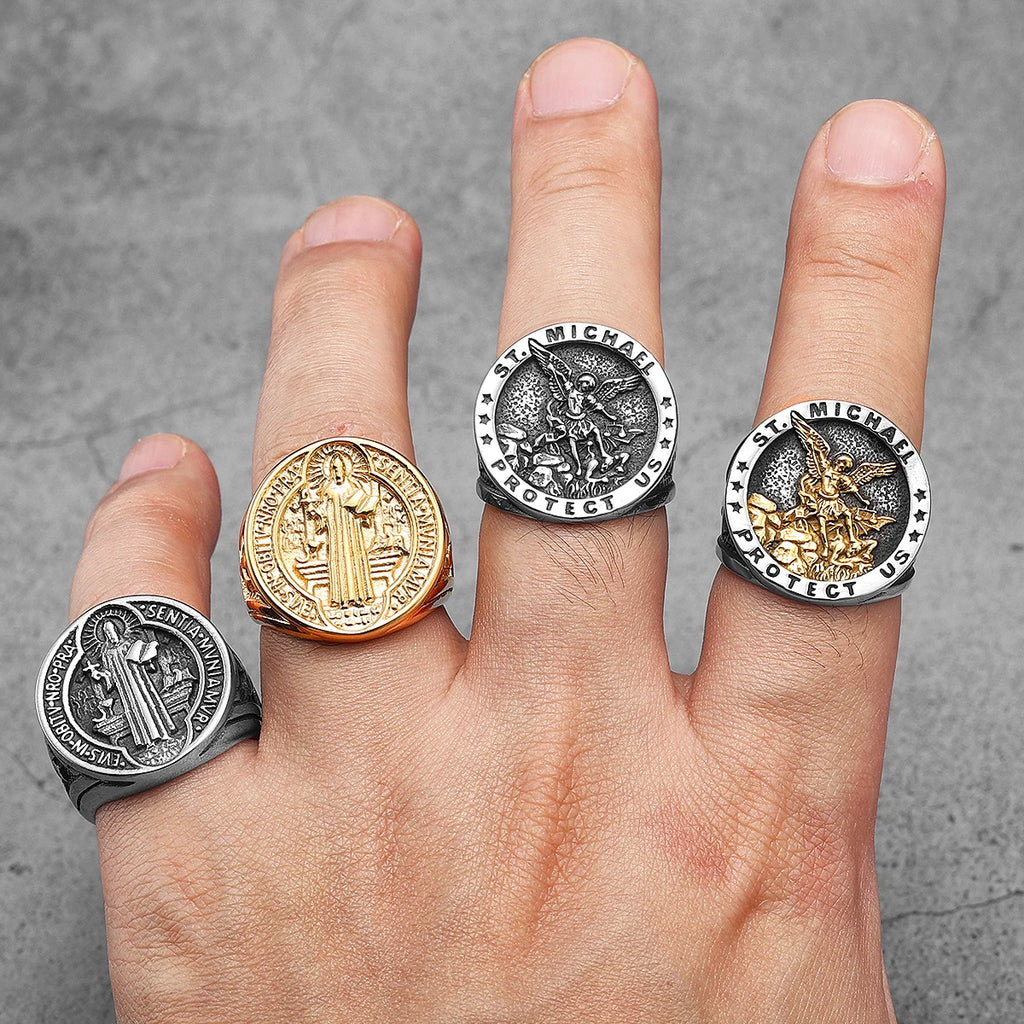 St.Michael St.Benedict Exorcism Powerful Talismans Stainless Steel Men Rings Punk New In For Male Women Fashion Jewelry