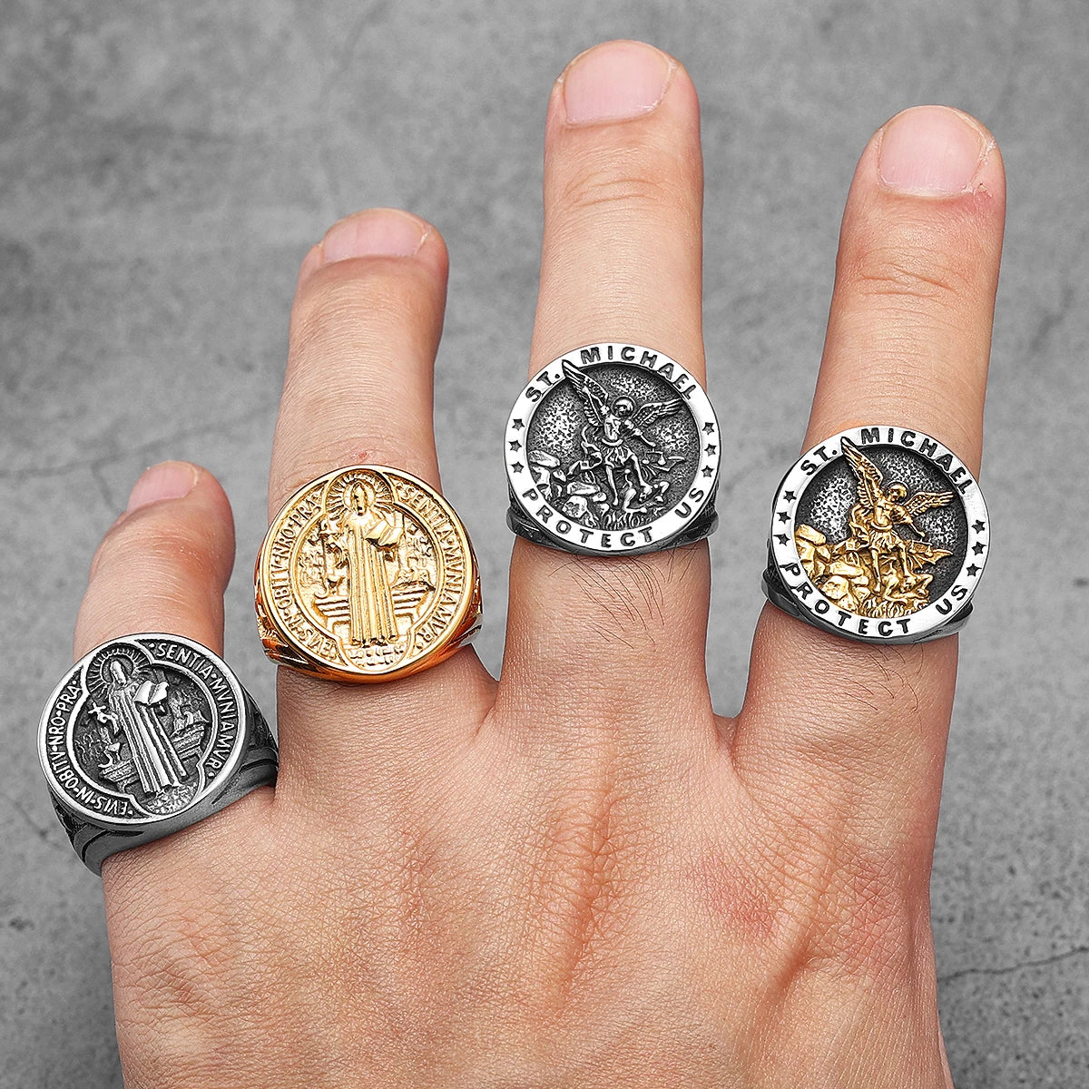 St.Michael St.Benedict Exorcism Powerful Talismans Stainless Steel Men Rings Punk New In For Male Women Fashion Jewelry