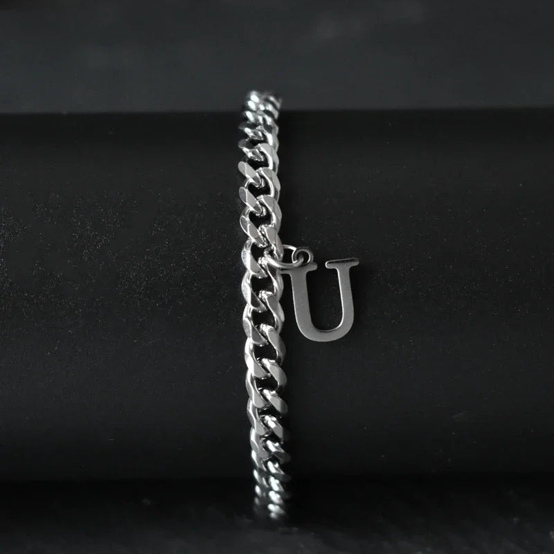 A-Z Initial Letter Cuban Chain Bracelet — Stainless Steel