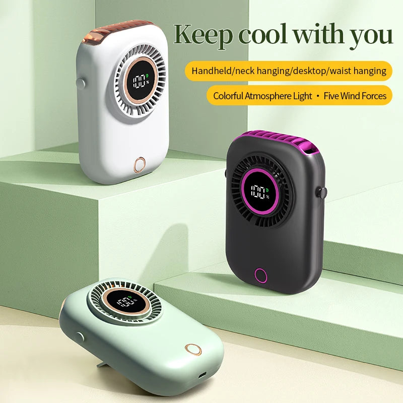 Colorful Hanging Neck Fan Portable Hanging Neck Fan Intelligent Digital Display Colorful Atmosphere Light Five-speed