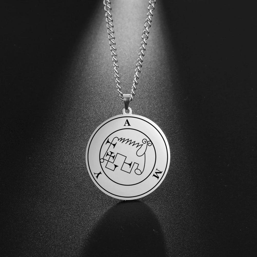 LIKGREAT Lesser Key of King Solomon Occult Sigil 72 Demon Charm Medalion Necklace for Men Women Stainless Steel Magic Talisman