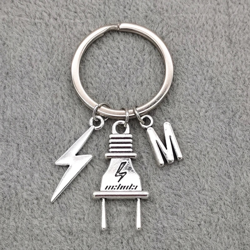 Fashion A-Z Letter Charm Lightning Bolt Plug Electrician Keychain for Electrical Worker Bag Car Keyring Gifts