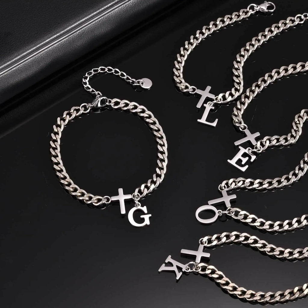 Cross Letter Chain Bracelet — Stainless Steel