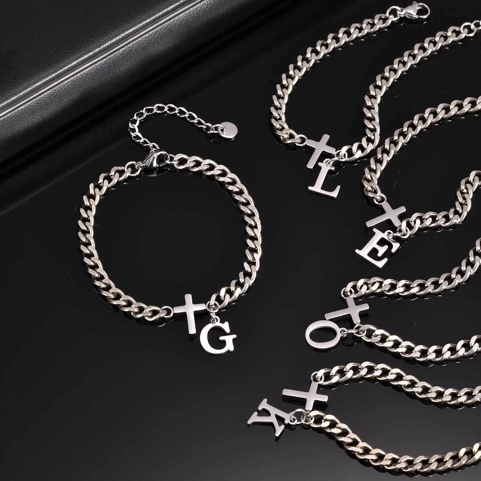 Cross Letter Chain Bracelet — Stainless Steel