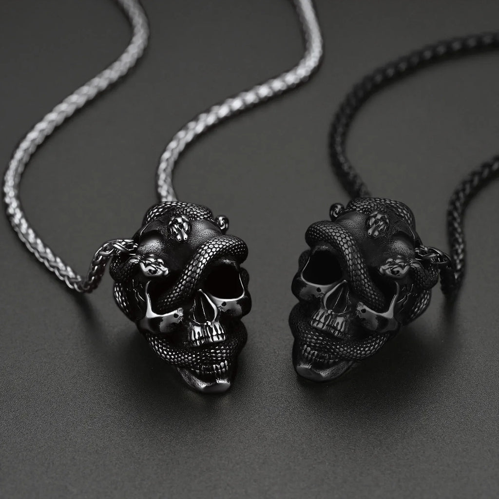 Snake Skull Pendant Necklace — Black Stainless 22"