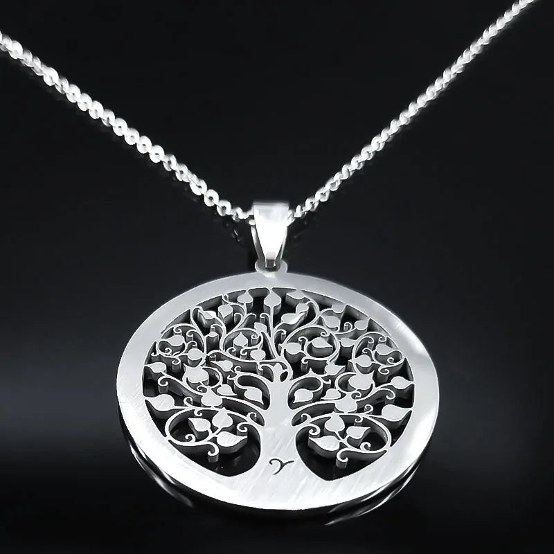 Iced Out Tree of Life Silver Necklace — Stainless Steel