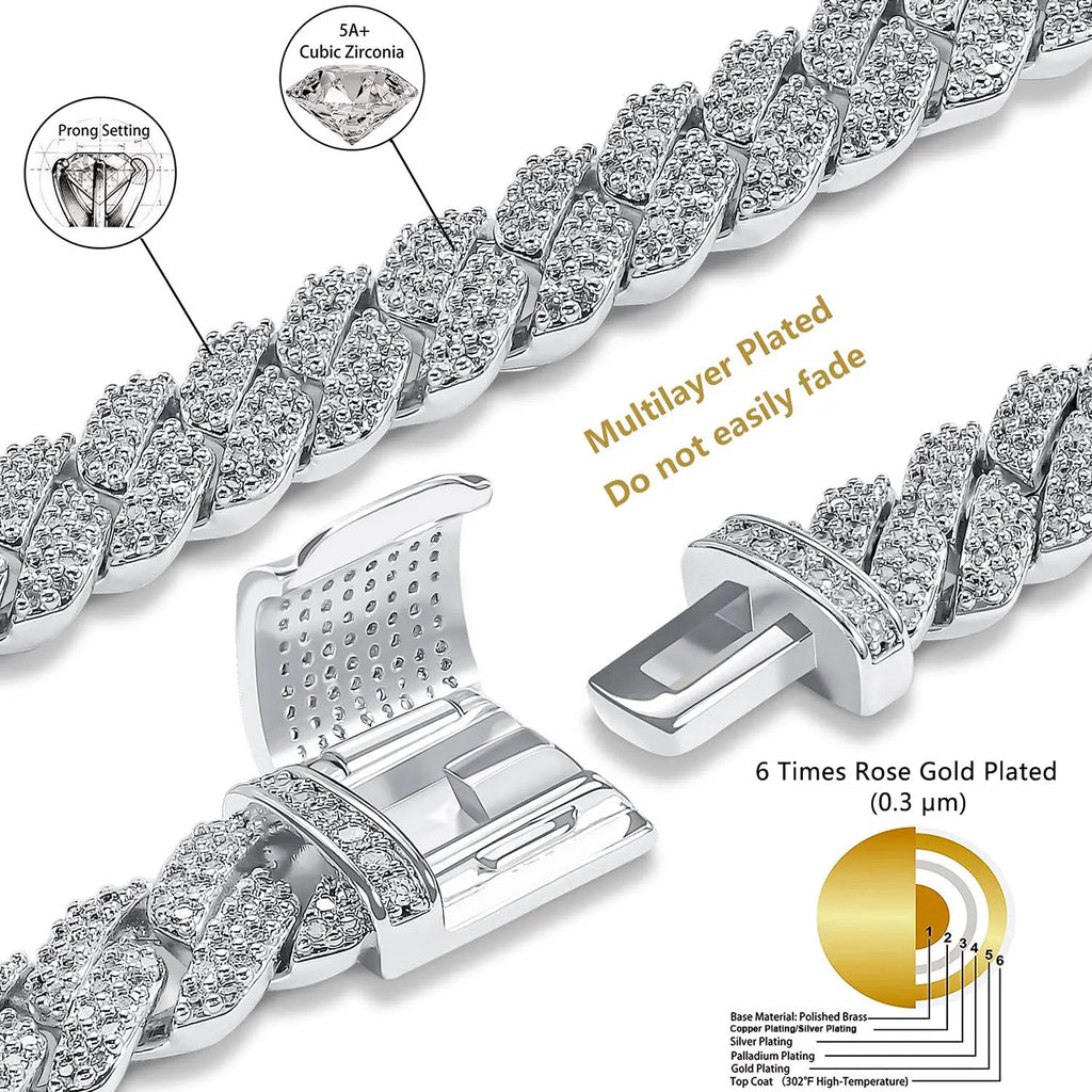 925 Silver Cuban Chain Necklace Iced Out 10-20MM