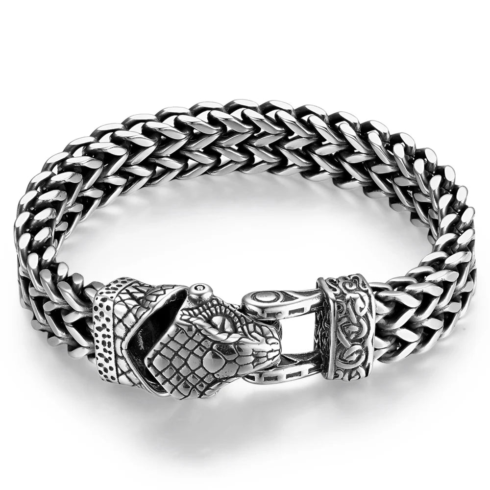 Nordic Viking Jewelry Punk Wolf Dog Snake Eagle Head With Double Mesh Link Chain Man Bracelet for Mn 19/21/23CM Long