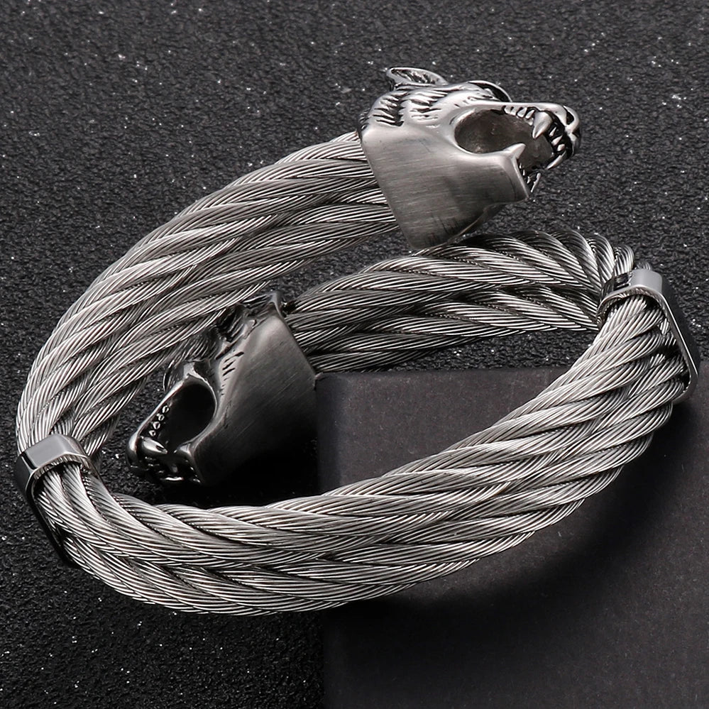 Retro Elastic Wolf Head Open Cuff Bangle Bracelet For Men 12MM Twist Chain Stainless Steel Men‘s Bracelets Rockers