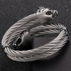 Retro Elastic Wolf Head Open Cuff Bangle Bracelet For Men 12MM Twist Chain Stainless Steel Men‘s Bracelets Rockers