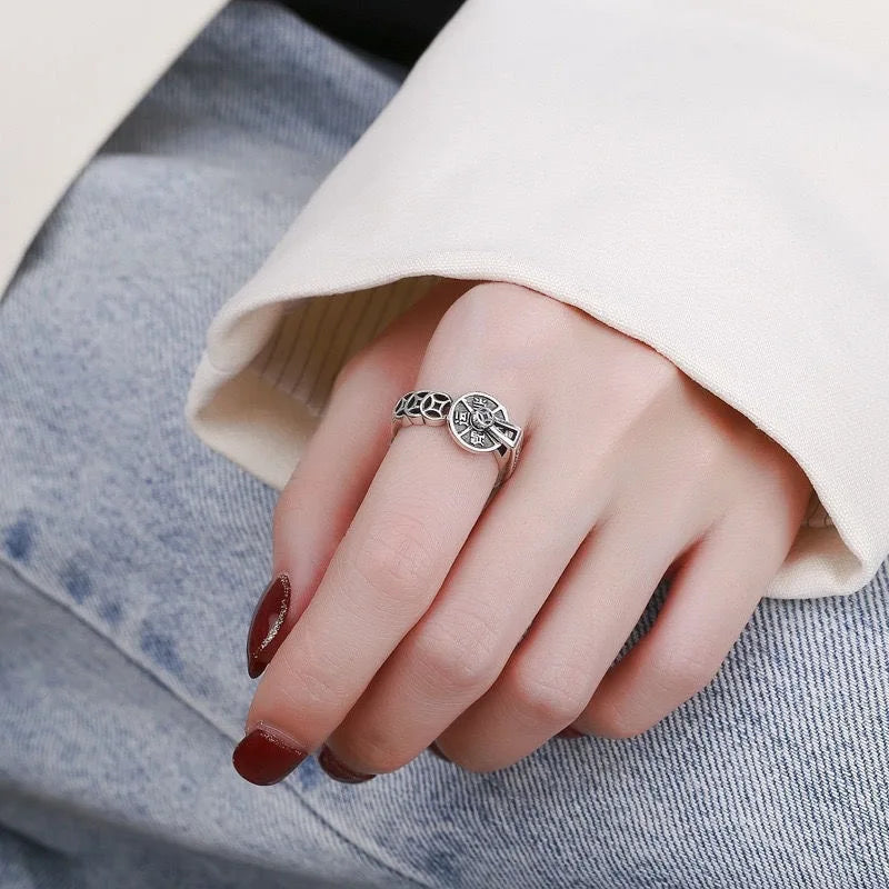 New Vintage Antique Coin Ring with Rotating Compass Design Open Adjustable Ring for Good Fortune Jewelry
