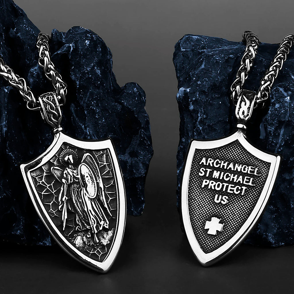Angel Shield Fashion Archangel Michael Amulet Stainless Steel Pendant Cross Wing Pendant Necklace Gift Wholesale
