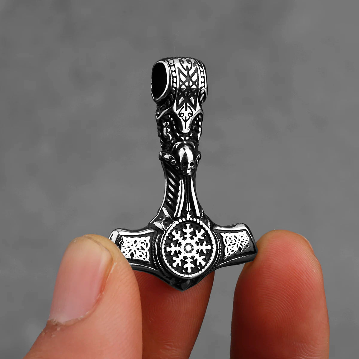Viking Thor Hammer Skull Helmet Pendant Necklace