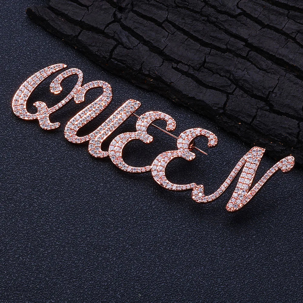 Iced Out Letter Name Pin Brooch Rose Gold
