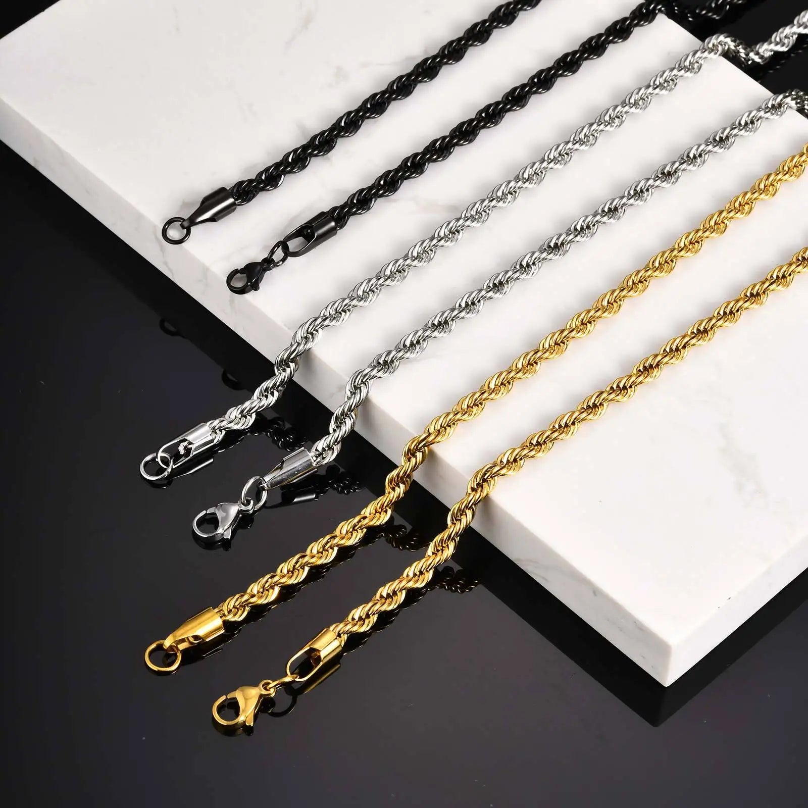 Vnox 2/3/4/5mm Width Black Stainless Steel Twisted Chain Necklaces for Men Women, Unisex Links Collar Minimalist