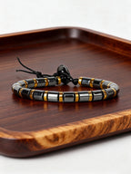 Hematite Stone Bracelet Handmade Woven with Gold color Spacers Cylinder Beads Leather for Energy Protection Reiki Charm Jewelry