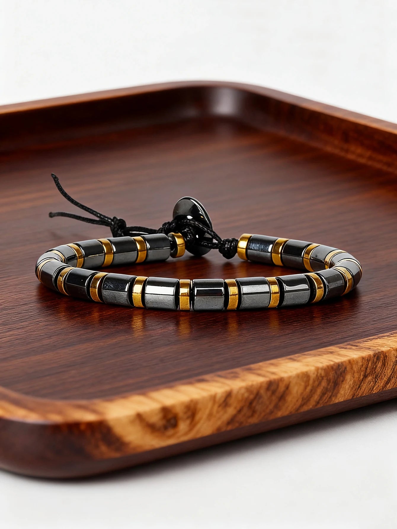 Hematite Stone Bracelet Handmade Woven with Gold color Spacers Cylinder Beads Leather for Energy Protection Reiki Charm Jewelry