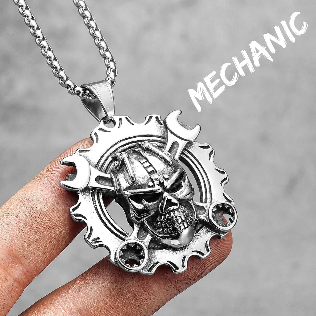 Mechanical Wrench Gear Skull Stainless Steel Men Women Necklaces Pendants Chain Punk Biker Jewelry Creativity Gift