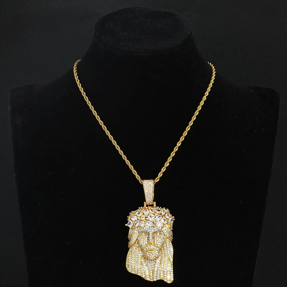 Gold Jesus Face Pendant Necklace Iced Out 18K