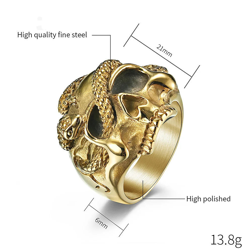 Gothic 316L Stainless Steel Skull Snake Ring For Men Punk Hip Hop Steel/Gold Color Skull Rings Fashion Jewelry Gift Wholesale