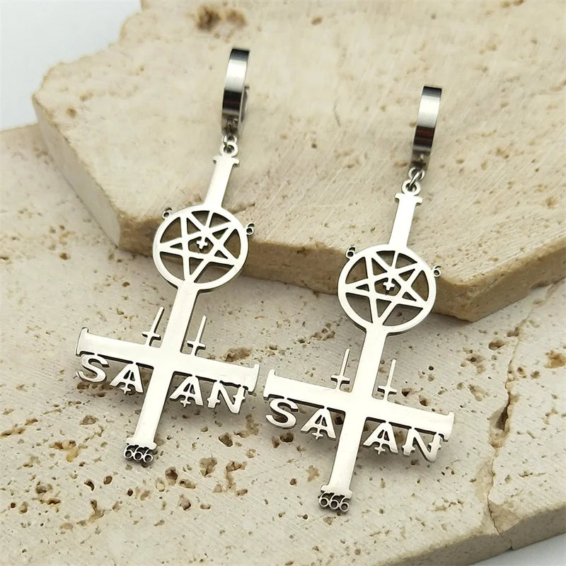 Cross Silver Earrings Satan Inverted Pentagram