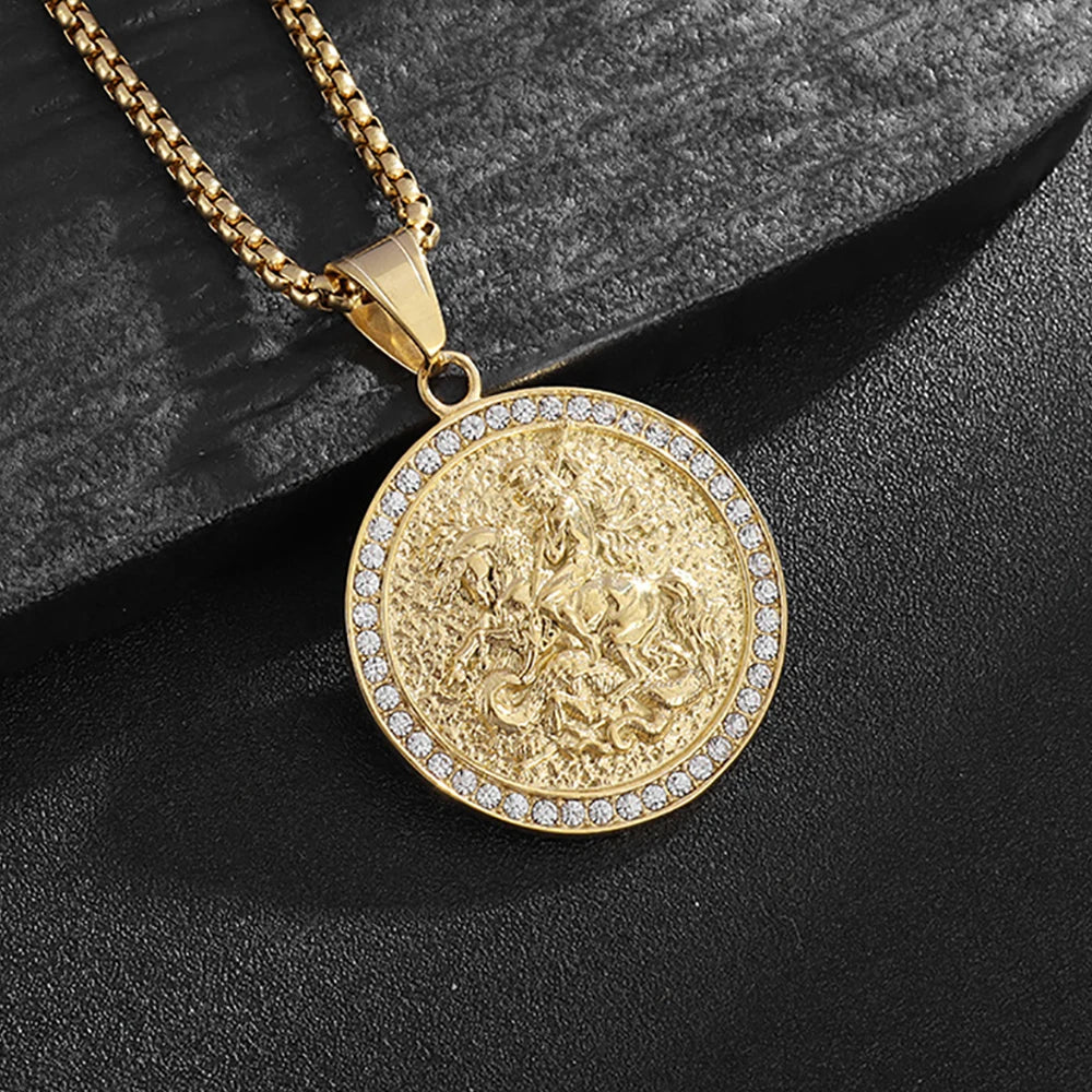 Fashion Classic Saint George Slaying Dragon Pendant Necklaces For Men 316L Stainless Steel Hip Hop Biker Party Jewelry Gifts