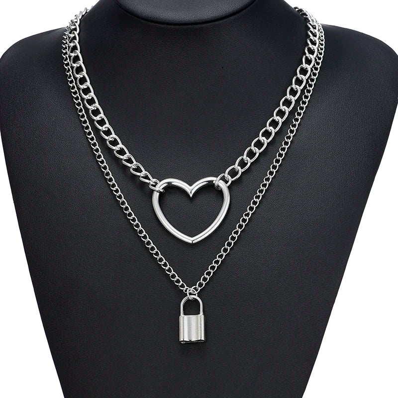 Fashion Chain Link Choker Heart Lock Cross Necklace Pendant For Women Men Silver Color Goth Jewelry Party Punk Long Necklaces