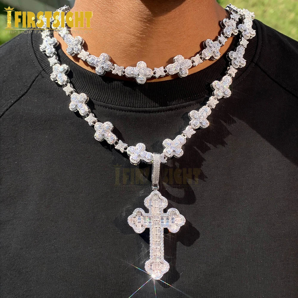 2025 New Iced Out Cross Necklace for Men Women Bling Silver Color Cubic Zirconia Charm Star Link Chain Hip Hop Jewelry