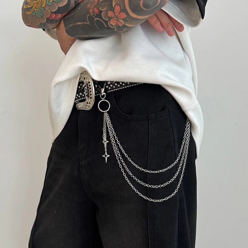 Punk Triple-Strand Star Charm Jeans Chain Keychain