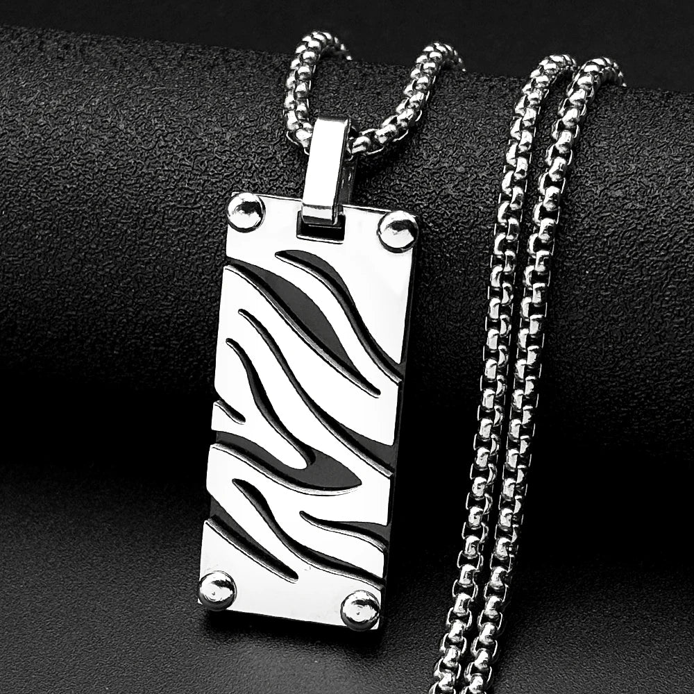 Hip Hop Stainless Steel Two-Tone Hollow Geometric Zebra Print Dog Tag Pendant Necklace for Men Male Punk Chain Jewelry Gift