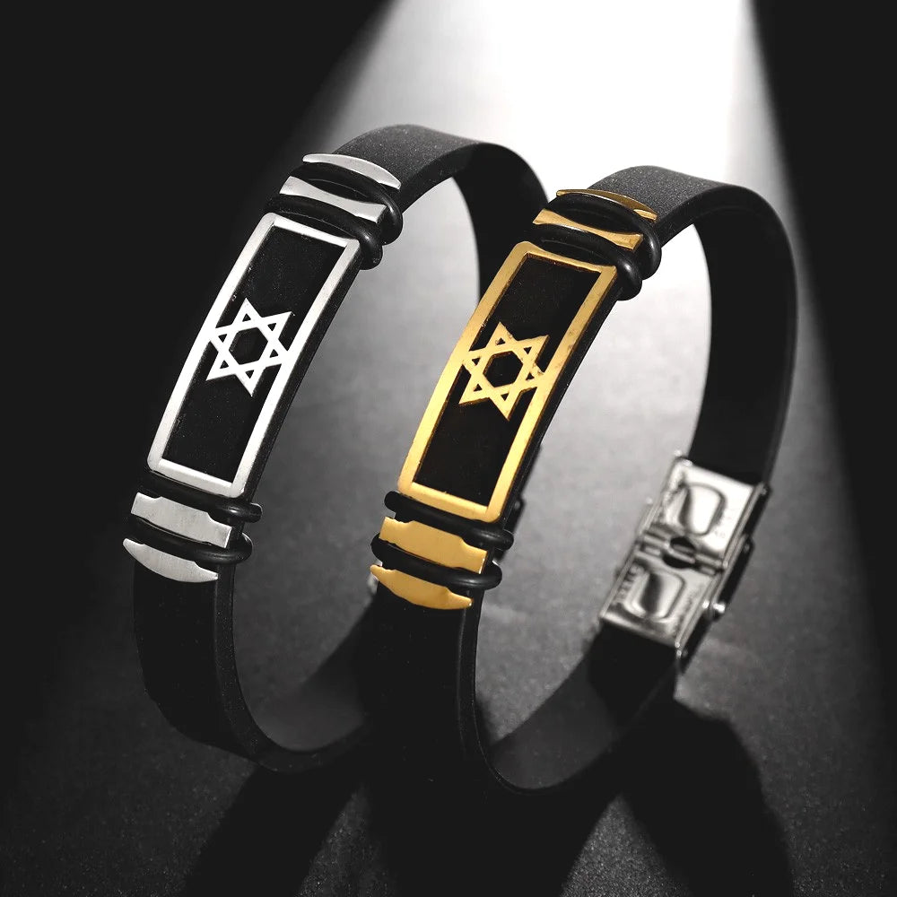 New Simple Style Black High Quality Silicone Alloy Hexagram Star Men's Bracelet Popular Glamour Men Accessories