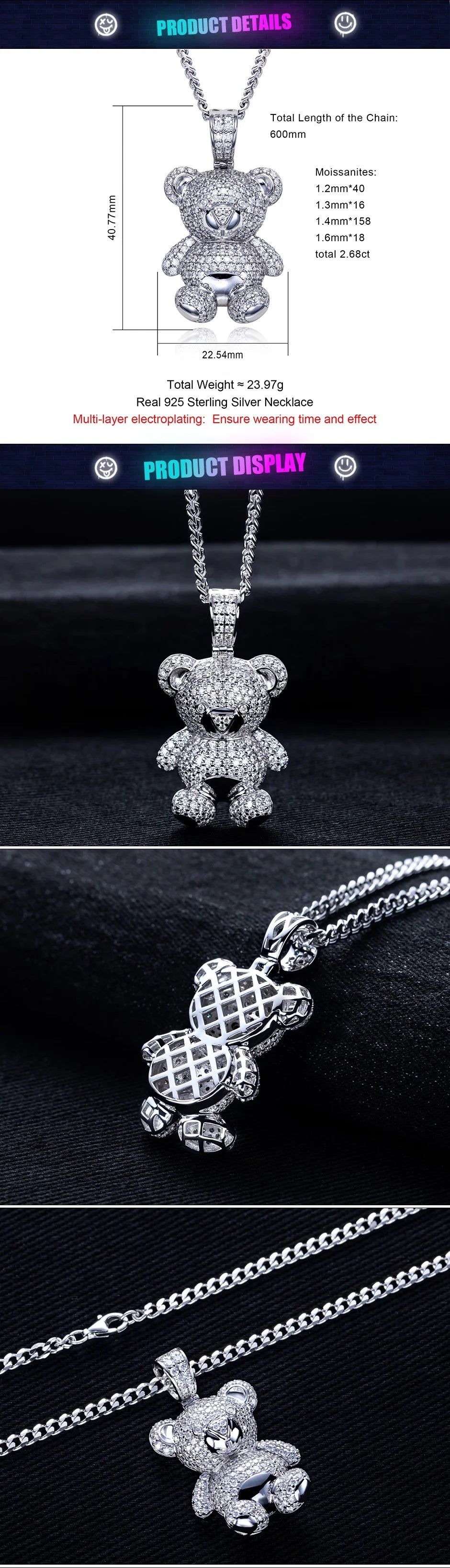 Iced Out Teddy Bear Pendant — 925 Silver