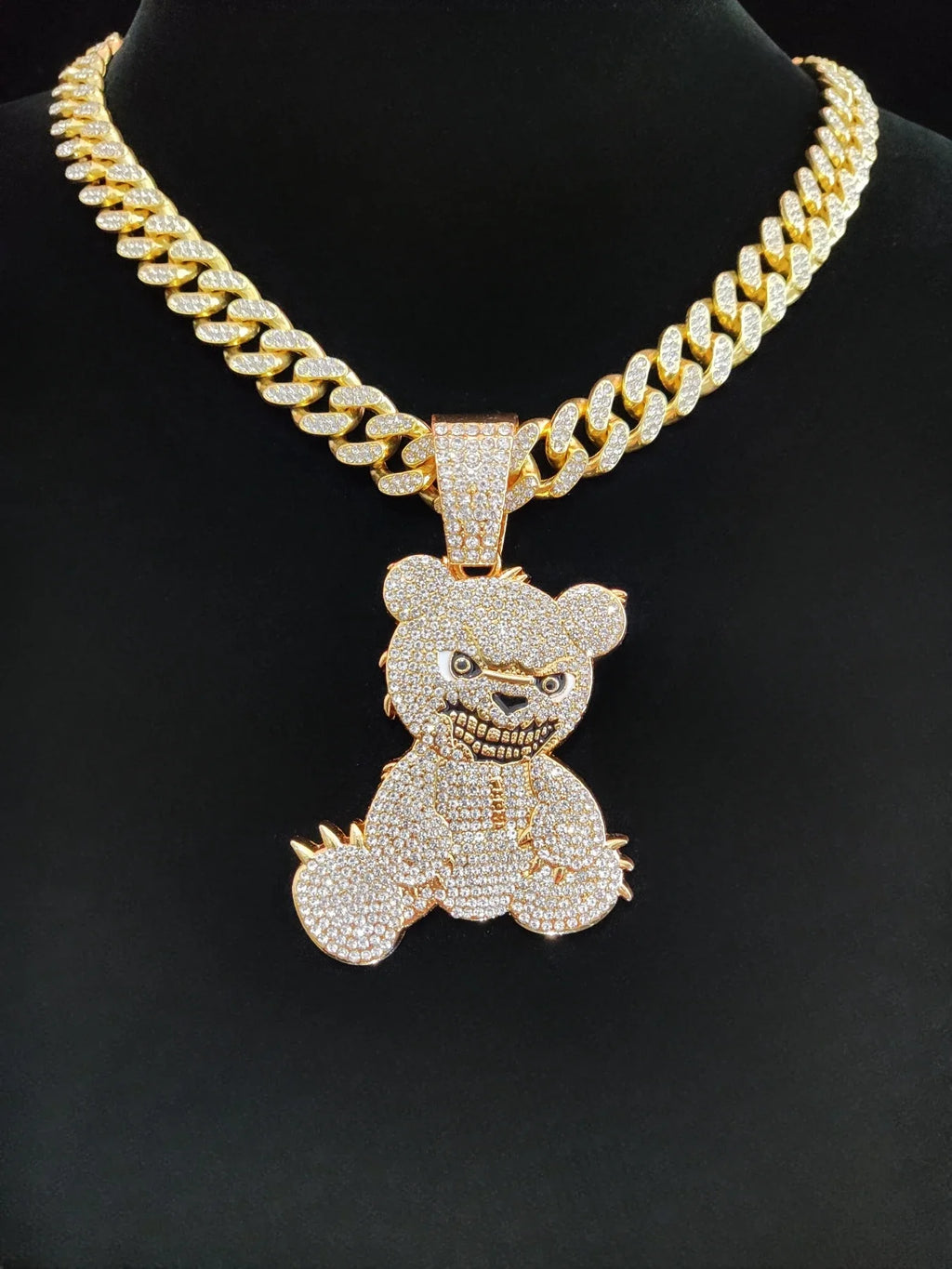 Iced Out Bear Pendant Necklace Chain — Gold or Silver