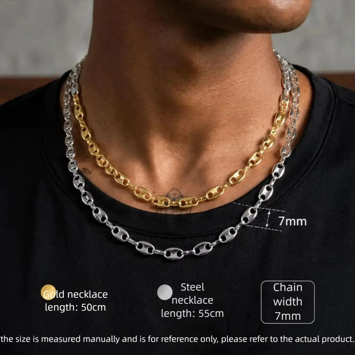 316L Stainless Steel Pig Nose Chain 58cm, Non-Tarnish Coffee Bean Link Necklace, Waterproof Hip Hop Jewelry Gold Silver
