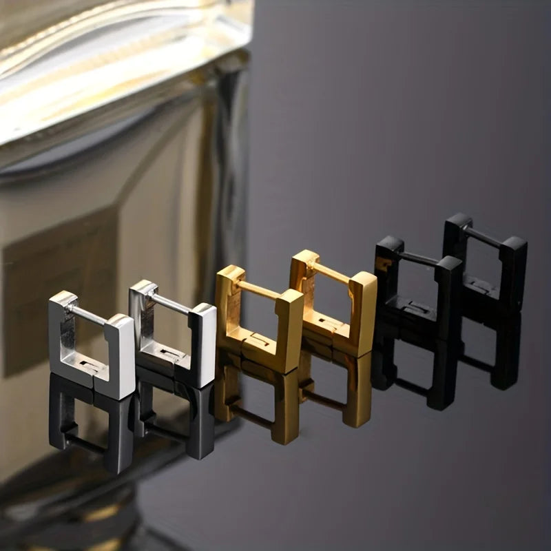 1pc Punk Hiphop Stainless Steel Geometric Type Square Hoop Earrings Ear Buckle Stud Accessories For Men Women Daily