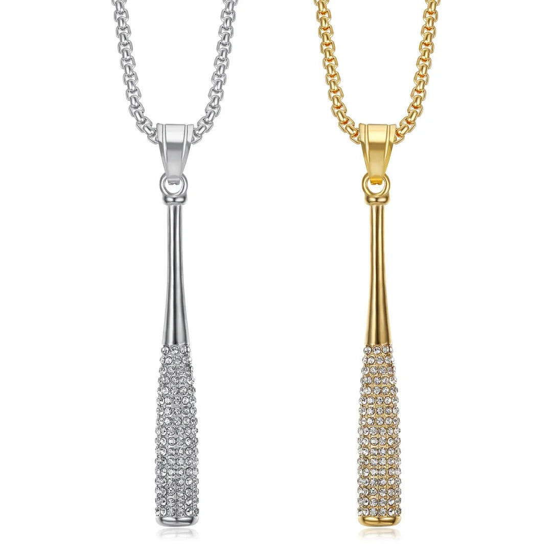 Iced Out Baseball Bat Pendant Necklace — Two-Tone Steel