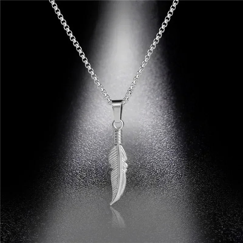 Long Feather Pendant Choker Necklace — Stainless Steel