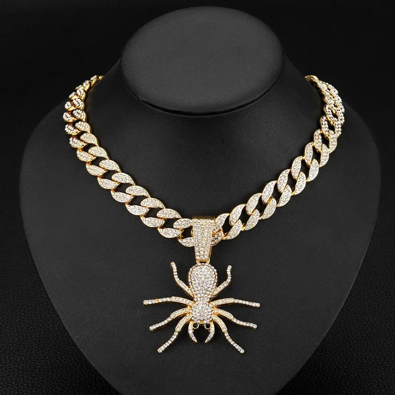 Bold Hip Hop Cuban Chain Necklace with Spider Pendant – Trendy Men's Gothic Jewelry, Punk Streetwear Accessory