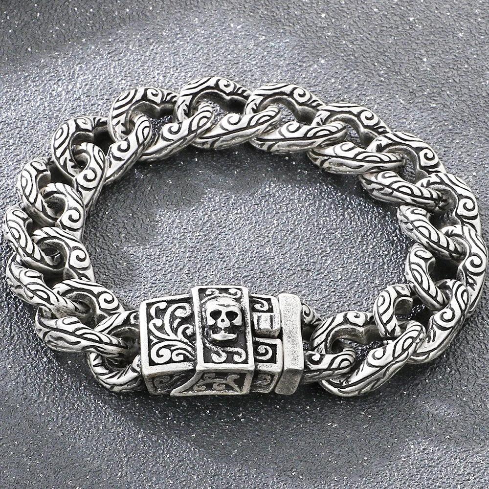 Punk Skeleton Jewelry Vintage Cuban Link Chain Bracelet for Man With Skull Head Clasp 316L Stainless Steel Bracelets