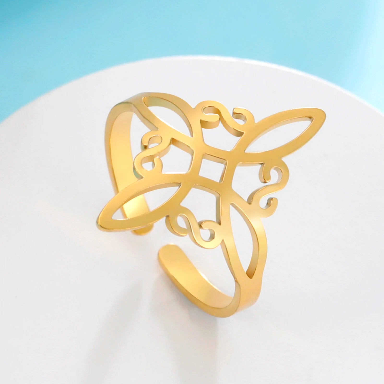 LIKGREAT Hollow Trinity Witch Knot Adjustable Ring for Women Men Stainless Steel Celtics Knot Amulet Couple Jewelry BirthdayGift
