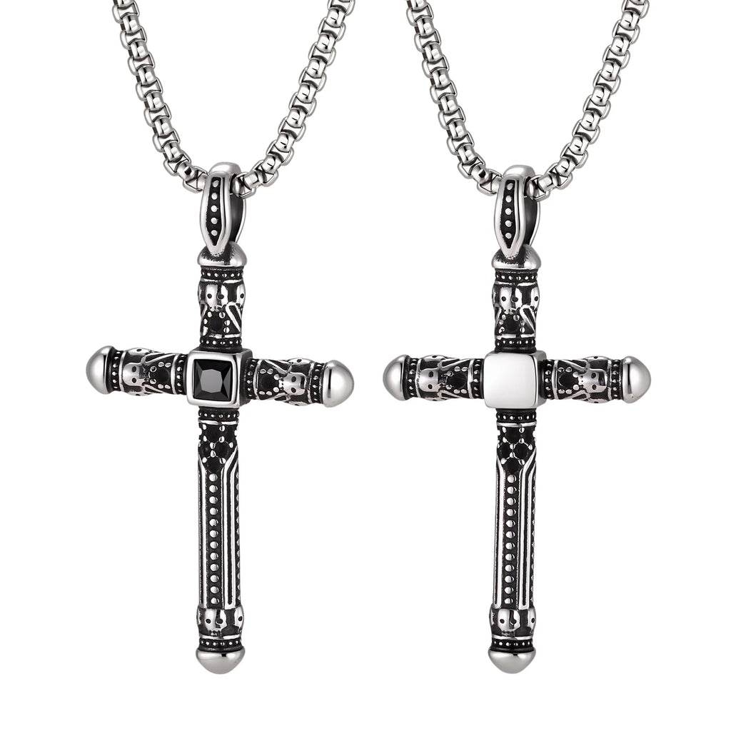 Gothic Skull Cross Necklace for Men, Stainless Steel Black Zircon Collar Necklace, Vintage Creative Hip Hop Jewelry