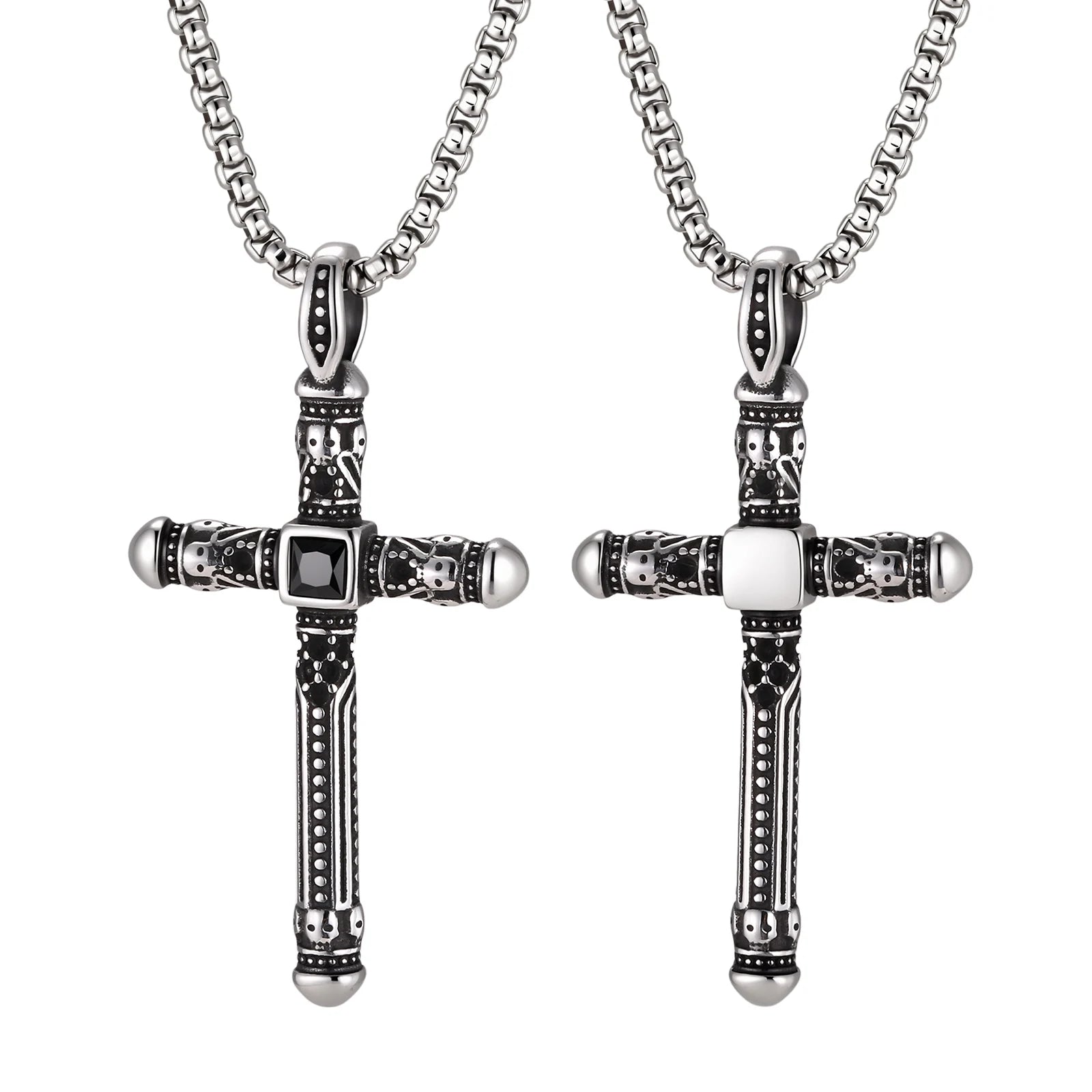 Gothic Skull Cross Necklace for Men, Stainless Steel Black Zircon Collar Necklace, Vintage Creative Hip Hop Jewelry