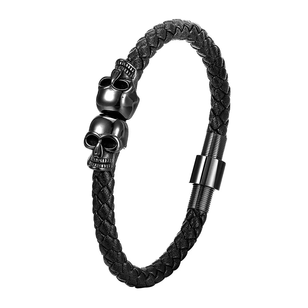 Multi-layer Bracelet Punk Stainless Steel Charm Magnetic Black Men's Leather Bracelets Skull Braided Bangles Jewelry