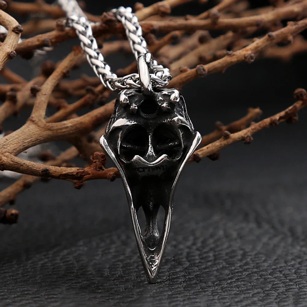 Fashion Vintage Raven Skull Pendant Necklace Mens Stainless Steel Unique Cool Carved Raven Animal Necklaces Jewelry Dropshipping