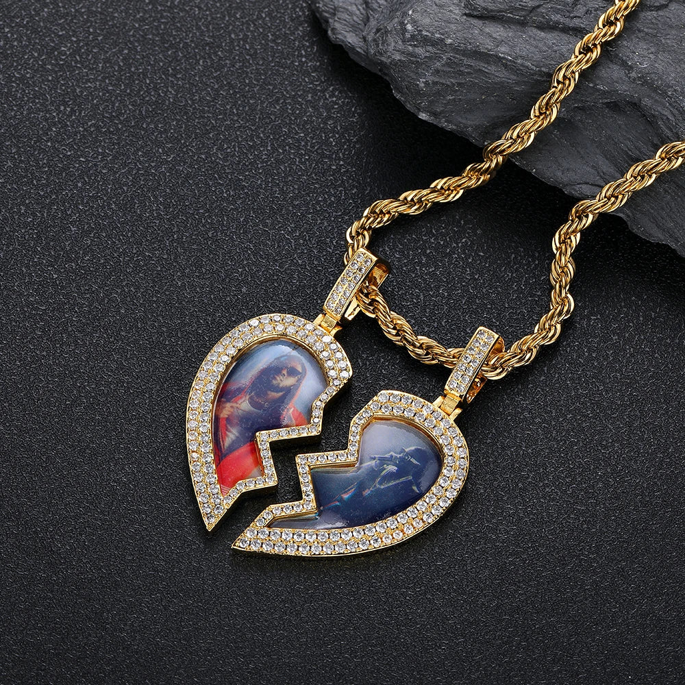 Iced Out Heart Photo Pendant Necklace