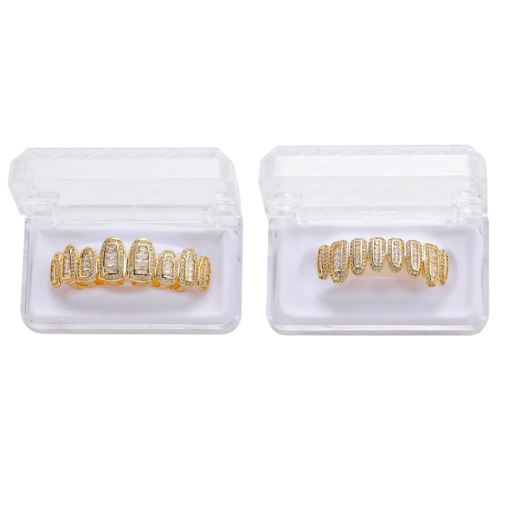 Iced Out Grillz Teeth Set Top & Bottom Hip Hop Pave Baguette CZ Dental Grills Gold Silver Color Party Cosplay Jewelry