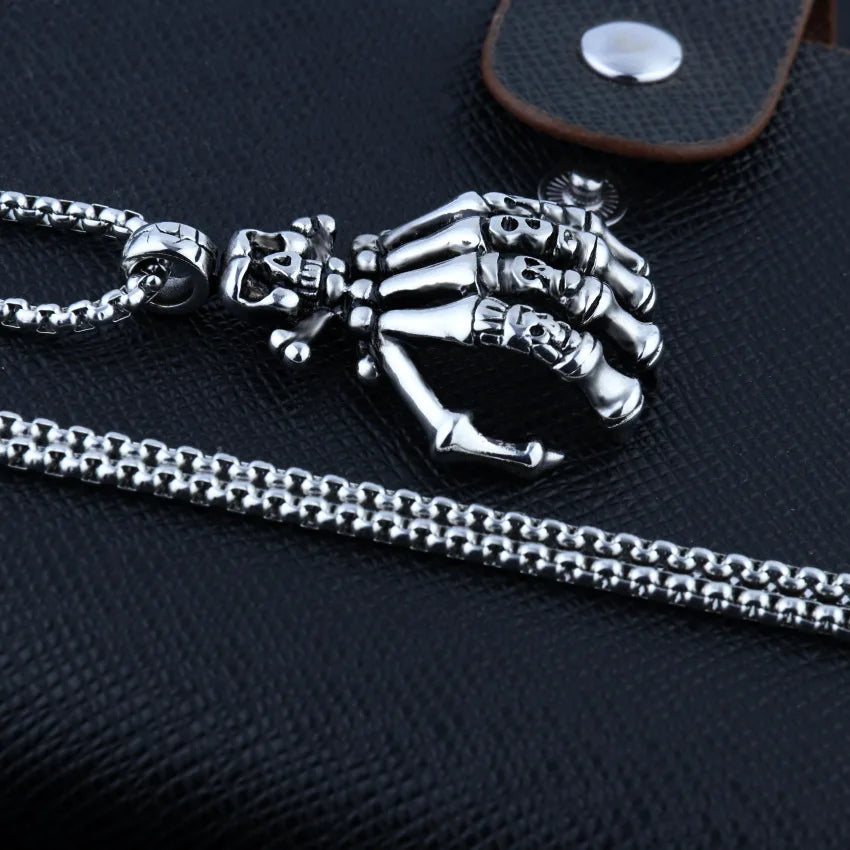 Silver Skull Hand Pendant Necklace Stainless Steel
