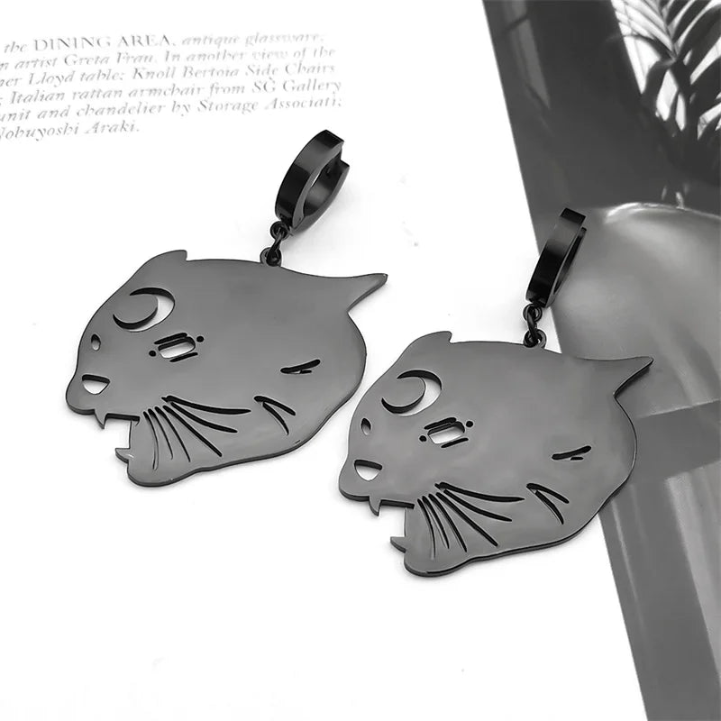 Cat Silver Earrings Witchcraft Head Moon Hoop